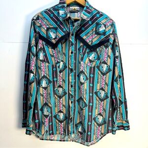 Vtg Dakota Sunset Southwest Bison Skull Rodeo Button Up Long Sleeve Shirt Sz M